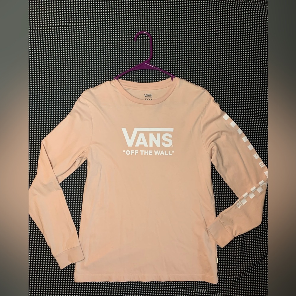 Vans Off The Wall Medium Pink long sleeve tee with checkered sleeve white logo